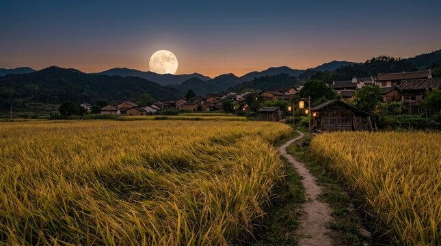 Full moon rises over golden wheat field at dusk with rural road leading into harvest landscape