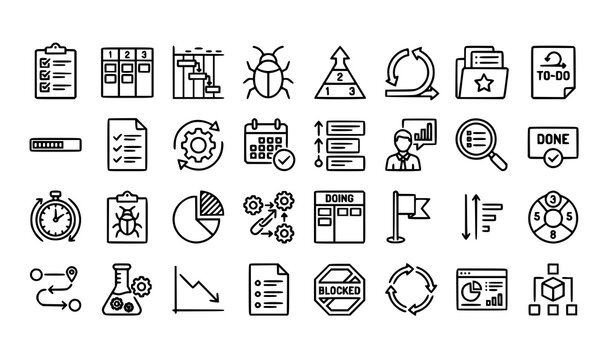 Agile project management and scrum backlog tracking linear vector icon set for corporate software development workflow app design