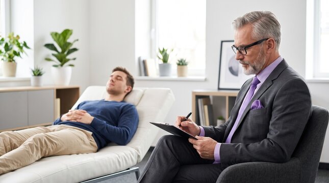Commercial healthcare stock photo of a mature male therapist taking notes on a clipboard while a young patient lies on a therapy couch in a modern office.
