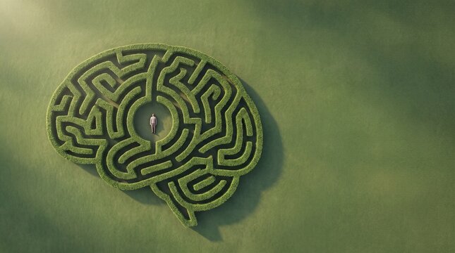 High-angle view of a tiny person standing in the center of a green hedge maze shaped like a human brain, symbolizing mental health, psychology, and decision making.