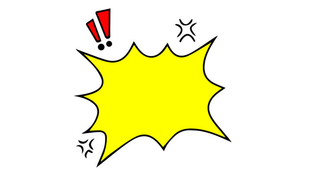 Comic style yellow exploding speech bubble with red exclamation marks and stress marks comic explosion burst bubble exclamation mark pop art graphic design dialogue box explosion halftone
