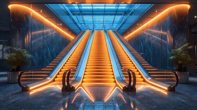 Modern indoor escalators with glowing orange lights and elegant marble walls featuring lush green plants in a sleek architectural lobby