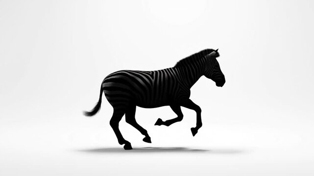 Zebra in galloping pose shown in side profile against a white background with shadow