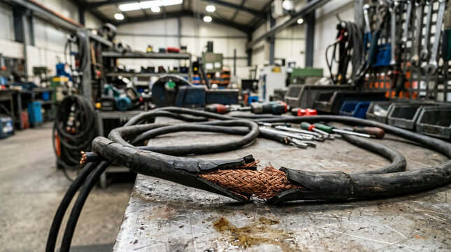 Cracked industrial power cable insulation exposing copper shielding