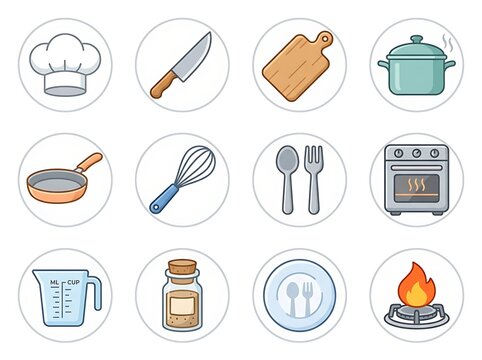Collection of kitchen tools and cooking equipment icons isolated transparent background