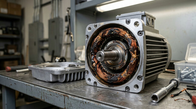 Scorched servo motor windings inside industrial automation equipment