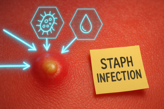 Painful staph infection on red inflamed skin, showing bacterial abscess. Glowing neon hologram icons illustrate medical concept of bacterium and fluid causing skin condition