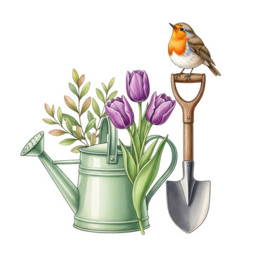 Watercolor art: a European robin on a wooden shovel handle, vintage green watering can, purple tulips, and lush foliage, isolated on white, a cheerful spring gardening vignette