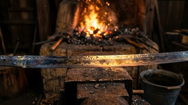 Glowing hot steel blade resting on a blacksmith anvil