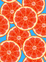 Fototapeta premium seamless pattern with red grapefruit slices on blue background juicy citrus fruit texture for summer design menu poster