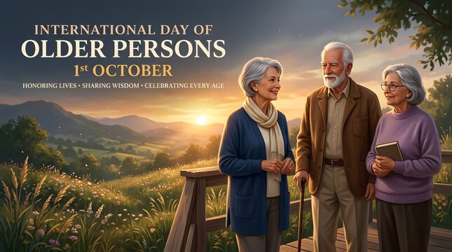 Three senior adults stand on a wooden deck at sunset scenic illustration