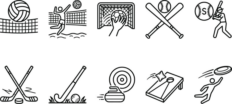 Athletic Competitive Team Sports and Outdoor Recreation Line Icon Set Featuring Volleyball Soccer Baseball Ice Hockey Field Hockey Curling Cornhole and Frisbee Game Vectors