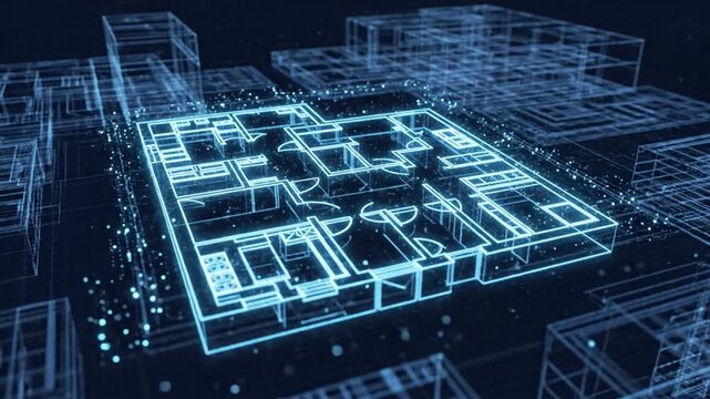 Futuristic digital wireframe of architectural building floor plan blueprint