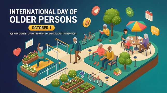 Isometric illustration depicts senior citizens enjoying outdoor activities in a park setting