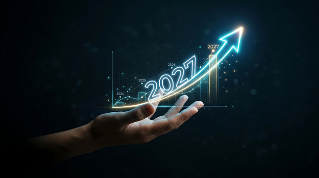 Hand holding glowing financial chart with upward growth arrow and 2027 year text business growth future forecast investment strategy management