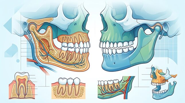 Human jaw anatomy showing dental structures and nerves