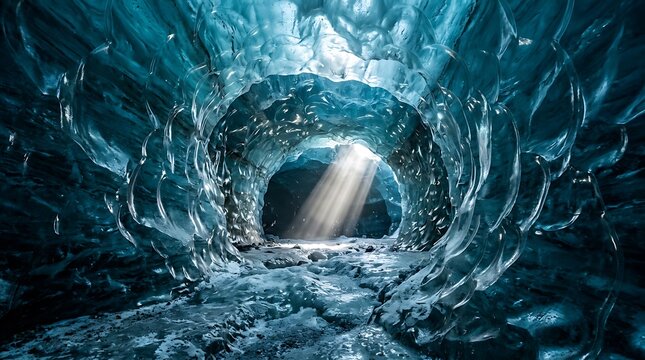 Light rays shining through deep blue crystal ice cave