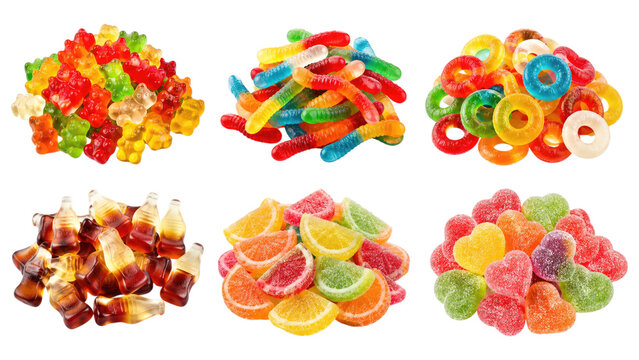Colorful assortment of six piles of gummy candies including gummy bears, gummy worms, gummy rings, cola bottle gummies, fruit slice jellies and sugar-coated heart gummies on a transparent background