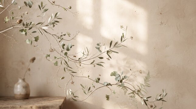 Organic Minimalism &mdash; A serene digital backdrop featuring flowing leaves, delicate branches, soft earthy textures, warm sunlight, and elegant natural forms arranged in a clean contemporary artistic com