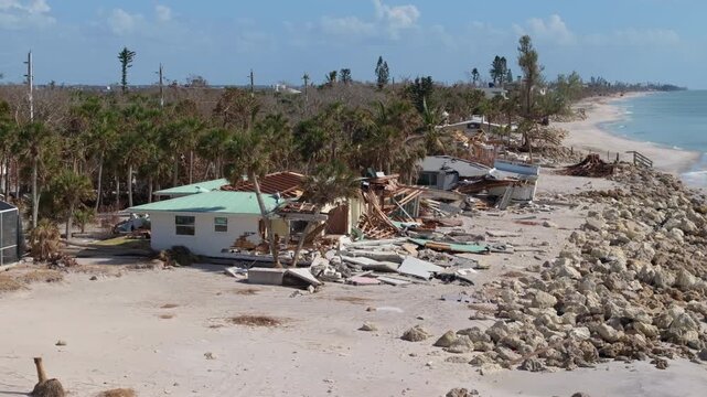 Hurricane Milton consequences on Manasota Key, Florida. Destroyed house on sea coast. Storm surge severe damage.