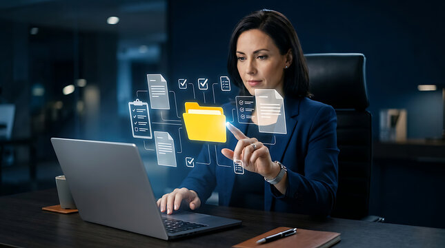 Professional businesswoman managing digital files and documents with interactive holographic folder interface touch screen working late documents