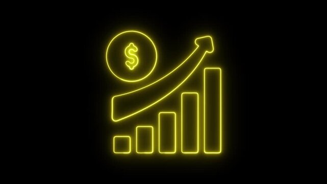 Yellow neon glowing graph with dollar sign and upward arrow on black chart bar chart 4k video.