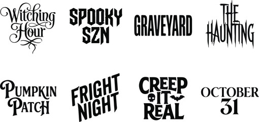 Obraz premium Halloween typography collection with various spooky phrases on a white background