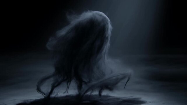 Dark smoke plume rises from a pool on a dim surface, forming a ghostlike shape