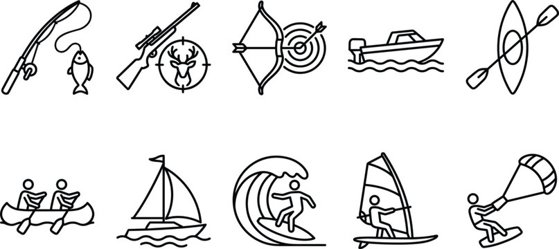 Outdoor Sports and Water Activities Icon Set for Fishing Hunting Archery Boating Kayaking Canoeing Sailing Surfing Windsurfing and Kitesurfing Vector Graphic Elements