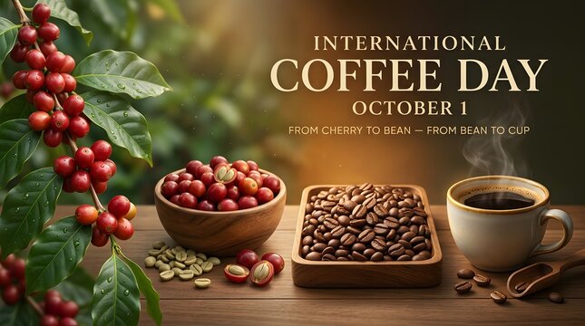 Coffee cherries beans and a cup of brewed coffee in a scenic arrangement
