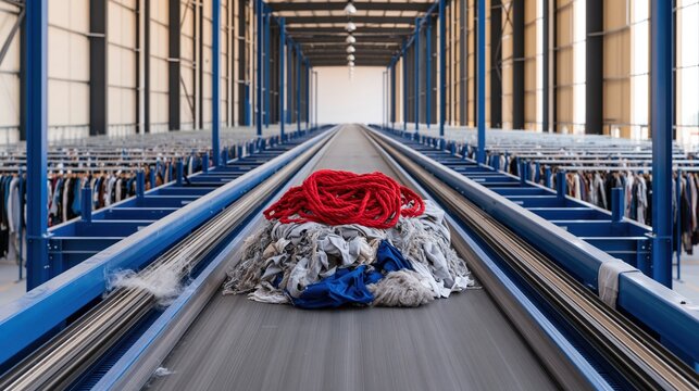 Long conveyor belt with fuzzy shredded fabric scraps in a textile recycling hall, featuring a bold red knit tangle for sustainable fashion reports