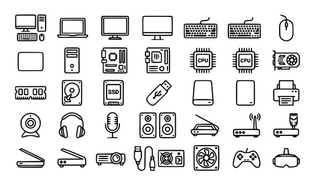 Computer Hardware and Peripheral Thin Line Icon Set with Monitor Keyboard Mouse and IT Devices