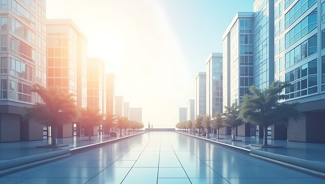 Modern Cityscape with Tall Buildings and Reflective Street at Sunrise.