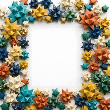 Colorful origami stars arranged in a square frame on a clean white background