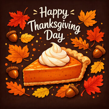 Happy Thanksgiving Day, celebration illustration background. Pumpkin pie slice with whipped cream, autumn leaves, acorns, warm seasonal colors on dark background. Social media post, greeting cards.