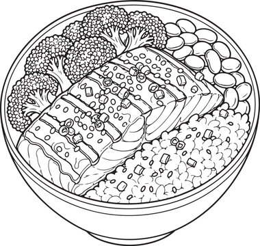 Salmon Teriyaki Rice Bowl Line Art, Japanese Salmon Bowl with Rice, Broccoli and Edamame.