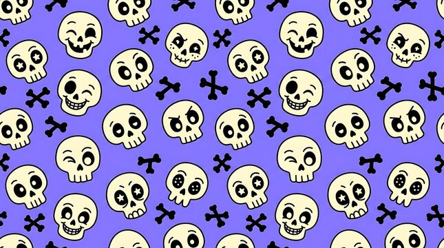 Pattern of playful skulls and bones on purple background