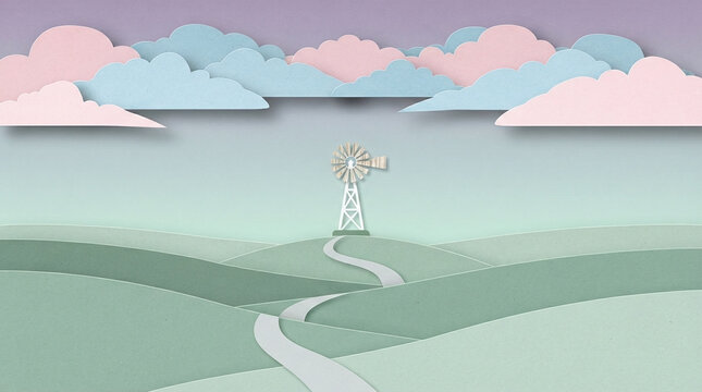 Rolling Green Hills Path to Windmill Pastel Sky