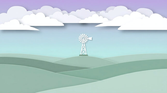 Minimalist Green Hills with White Windmill