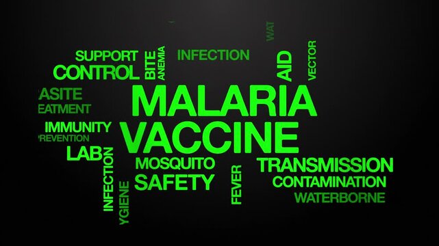 Malaria Vaccine concept Animated Tag Word Cloud kinetic typography, Text Design Animation typography seamless loop video motion graphics Intro Wordart arrangement green type on black background bg bac
