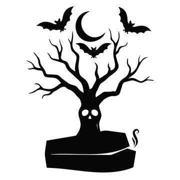 Black tree silhouette with skull and coffin for spooky halloween landscape background.