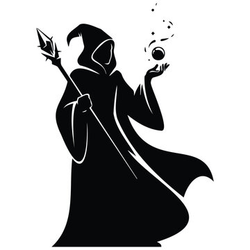 Cloaked wizard holding magic staff and glowing orb silhouette vector element on white.