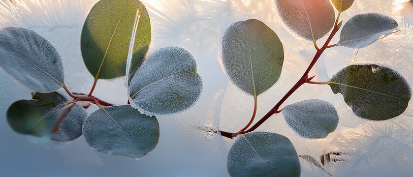 Eucalyptus leaves with red twigs on water surface in gentle morning sunlight