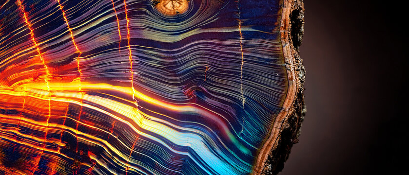 Macro texture of petrified wood and blue agate slice with glowing amber veins