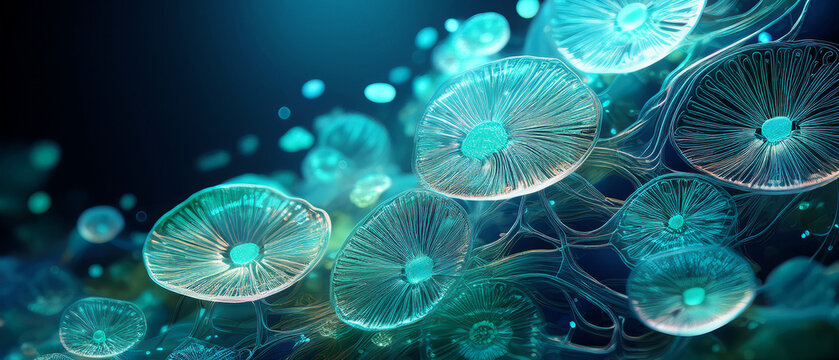Bioluminescent glowing turquoise marine polyps on dark underwater background