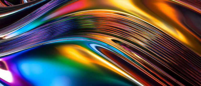 Abstract iridescent liquid metal waves with vibrant colorful reflections background