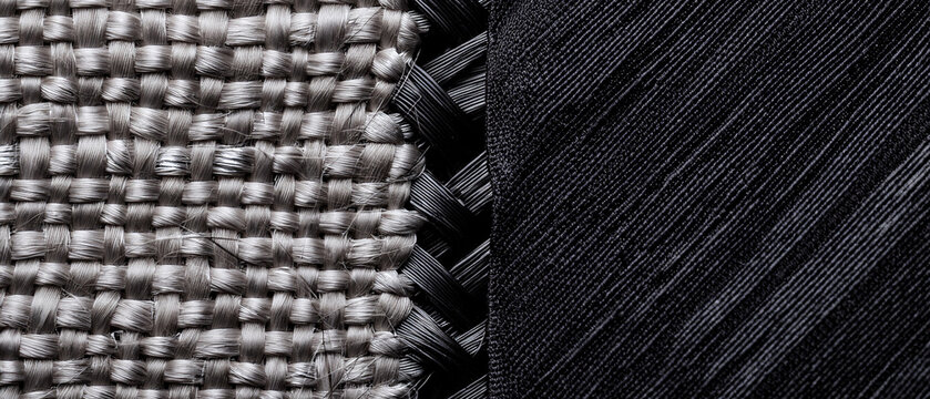 Macro texture of coarse woven fabric and stitched black straw material background