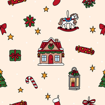 Christmas background with rocking horse, christmas tree, winter house, red ribbon bow, gift, candy cane, mistletoe, lantern, christmas stocking. Cozy holiday print. Seamless pattern for New Year