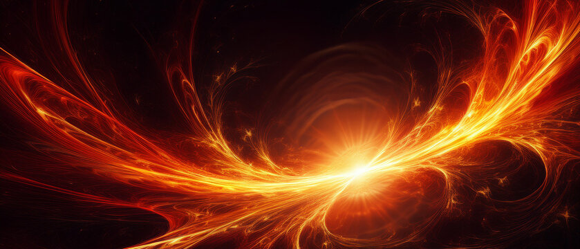 Abstract glowing fiery energy vortex and plasma explosion on dark background