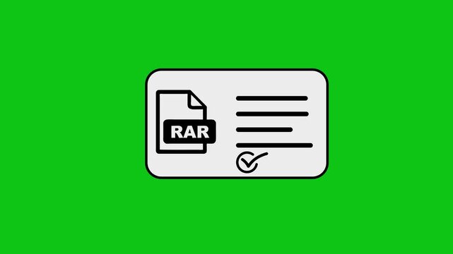 Rar file icon animation with text lines and check mark on green screen background.